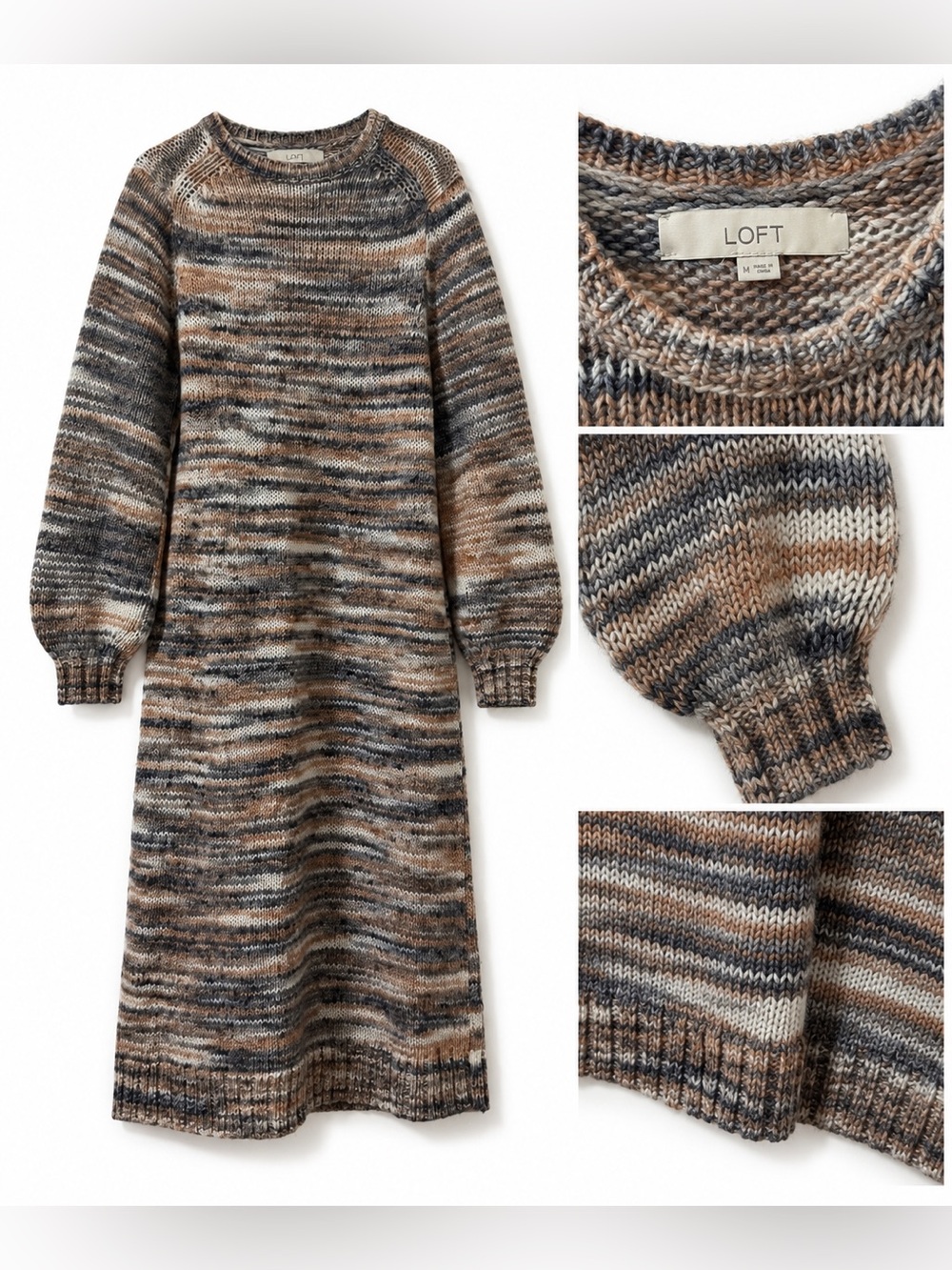 LOFT Multicolor Marled Crewneck Sweater Dress in Brown, Gray, Cream